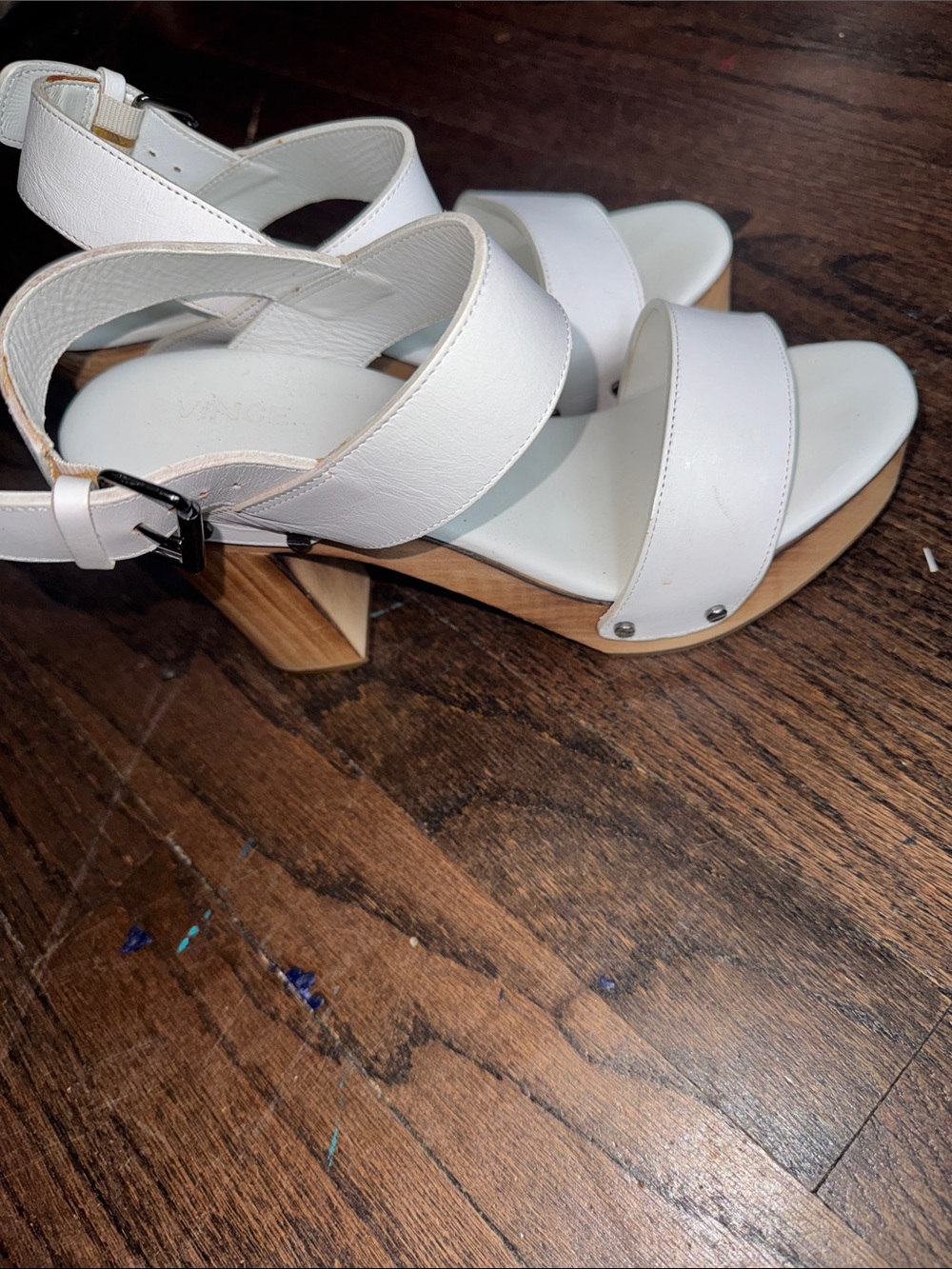 Vince White Two-Strap Ankle Buckle Sandals with Low Block Heel - Picture 5 of 9